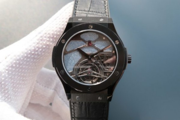 Replica Hublot Classic Fusion Tourbillon 45mm TF PVD Purple Skeleton Dial Black Gummy Strap A23J