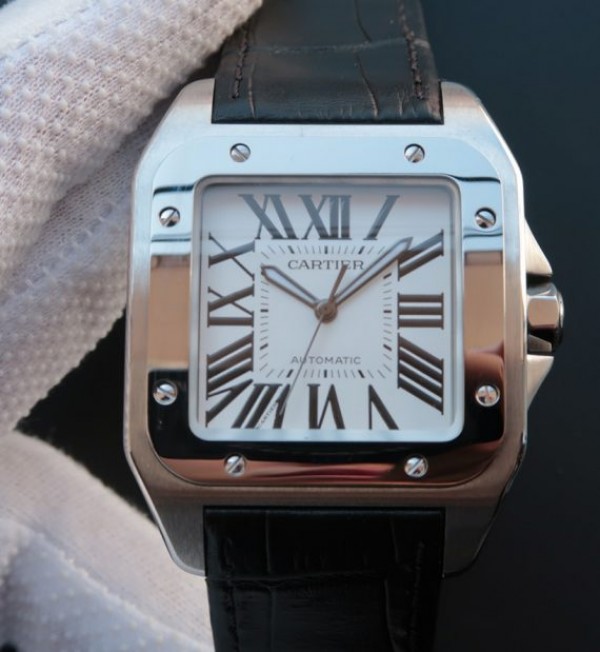 Replica Cartier V6 Santos 100 41mm White Dial Black Leather Strap A2824