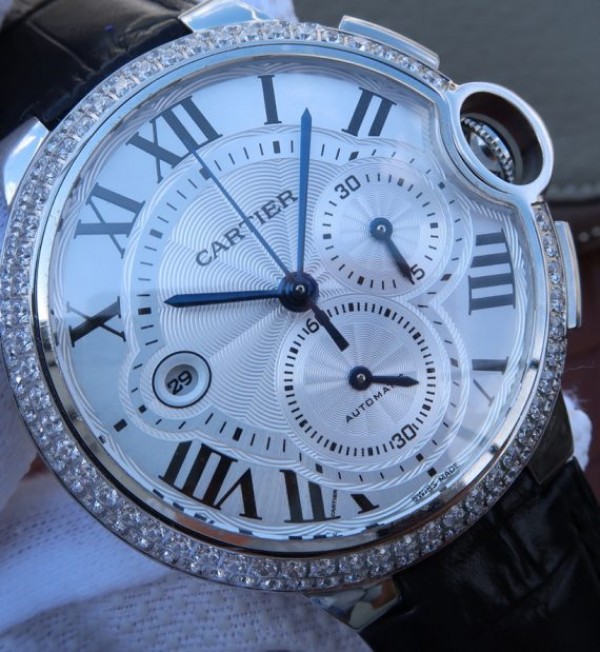 Replica Cartier Ballon Bleu De Cartier Chrono SS White Dial Diamonds Bezel A8101