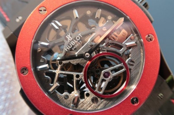 Replica Hublot Classic Fusion Tourbillon 45mm TF Red Bezel Skeleton Dial Black Gummy Strap A23J