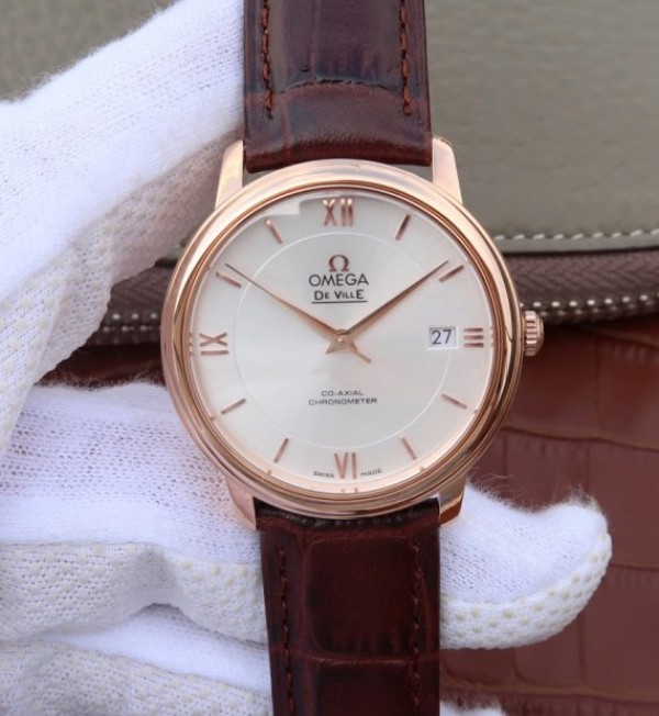 Replica Omega V6 De Ville 37mm RG White Dial RG Markers Leather Strap A2892