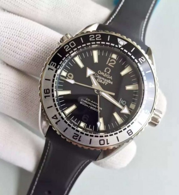 Replica Omega Planet Ocean 600M GMT Black/Silver Bezel Black Dial Rubber Strap A8906