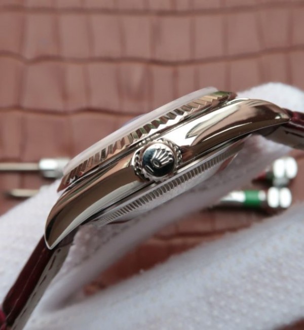 Replica Rolex Day-Date 36mm 118139-L Red Dial Stick Markers Brown Leather Strap A2836