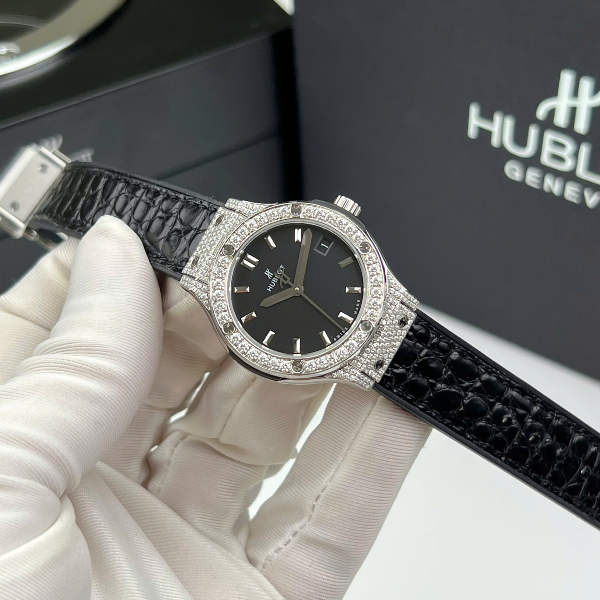 Hublot Classic Fusion Titanium Replica Wacth Black Custom Moissanite Diamonds 33mm
