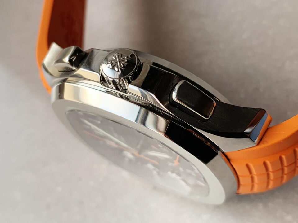 Replica PATEK PHILIPPE Aquanaut 5168G 42mm SS ZF 1:1 Best Edition Black Dial on Orange Rubber Strap