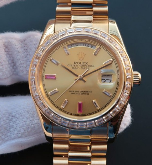 Replica Rolex Day-Date II RG Gold Dial Diamonds Bezel White/Red Crystal Markers RG Bracelet A3255