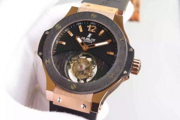 Replica Hublot Big Bang Tourbillon RG Black Textured Dial Black Rubber Strap