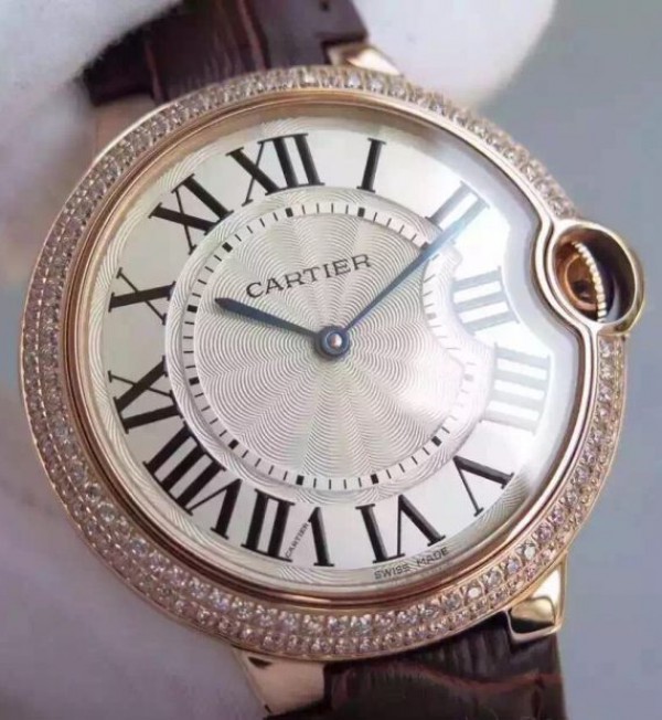 Replica Cartier Ballon Bleu 40mm RG Diamonds Bezel Whit Dial Leather Strap MIYOTA9015
