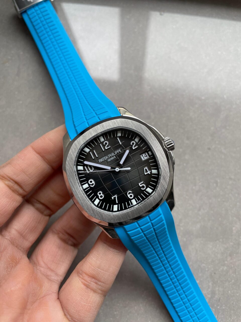 Replica PATEK PHILIPPE Aquanaut 5168G 42mm SS 3KF 1:1 Best Edition Black Dial on Light Blue Rubber Strap A324 V2