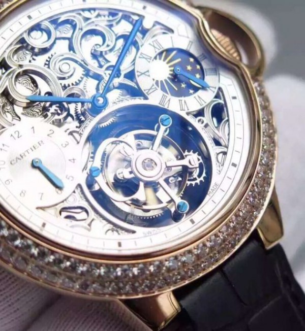 Replica Cartier Ballon Bleu Skeleton Tourbillon Diamond Bezel RG White Dial