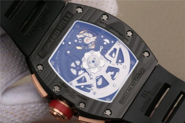 Replica Richard Mille RM011 NTPT Lotus F1 Team RG Chronograph KVF Crystal Skeleton Dial Red Black Rubber Strap A7750