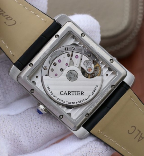 Replica Cartier Tank MC SS Black Dial Diamonds Bezel Leather Strap