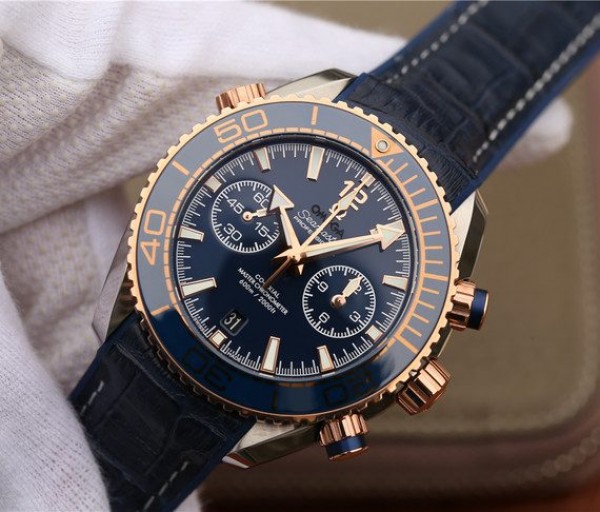 Replica Omega OMF Planet Ocean Master Chronometer SS/RG Blue Bezel Blue Dial Leather Strap A9901