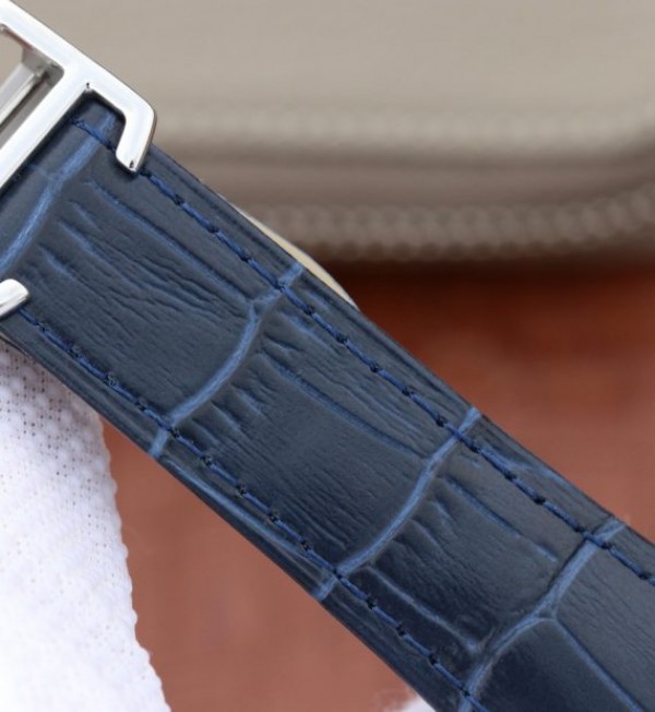 Replica Cartier Tank MC SS Blue Textured Dial Diamonds Bezel Leather Strap