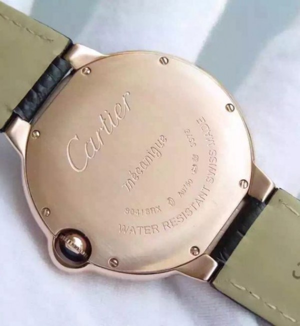 Replica Cartier Ballon Bleu 40mm RG Diamonds Bezel Black Dial Leather Strap MIYOTA9015