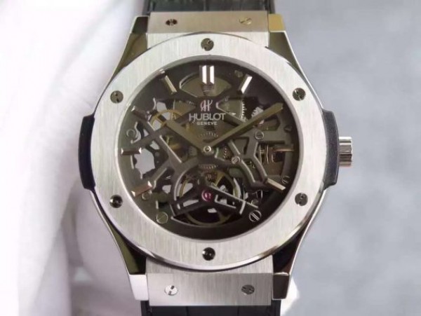 Replica Hublot Classic Fusion Tourbillon 45mm TF Skeleton Dial Black Gummy Strap A23J