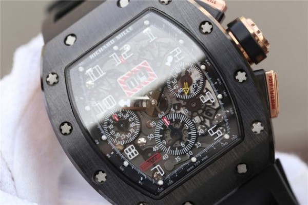 Replica Richard Mille RM011 RG Black Ceramic Chrono Skeleton Dial Black Rubber Strap A7750