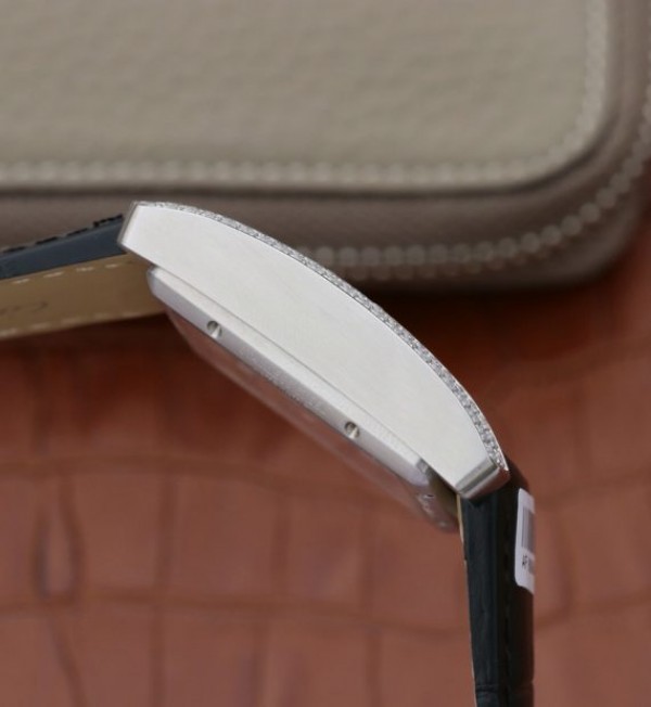 Replica Cartier Tank MC SS Black Dial Diamonds Bezel Leather Strap