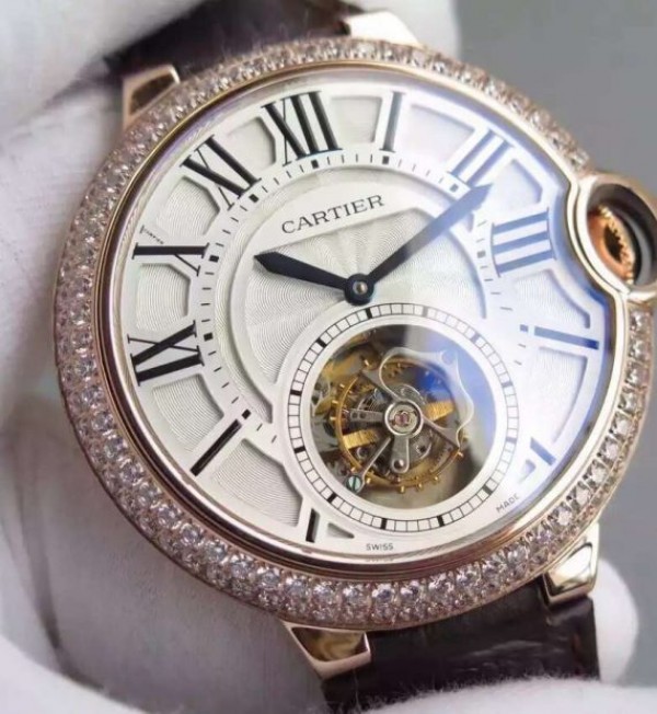 Replica Cartier Ballon Bleu Tourbillon RG Diamond Bezel Brown Leather Strap