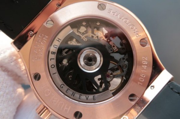 Replica Hublot Classic Fusion Tourbillon RG 45mm TF Skeleton Dial Black Gummy Strap A23J