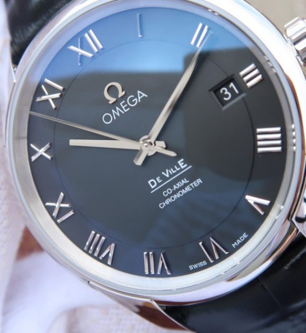 Replica Omega V6 De Ville 41mm SS Black Dial Black Leather Strap A8500