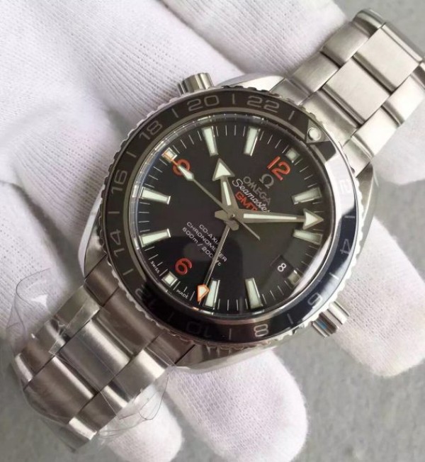 Replica Omega Planet Ocean SS GMT Black Dial Orange Markers SS Bracelet A8605