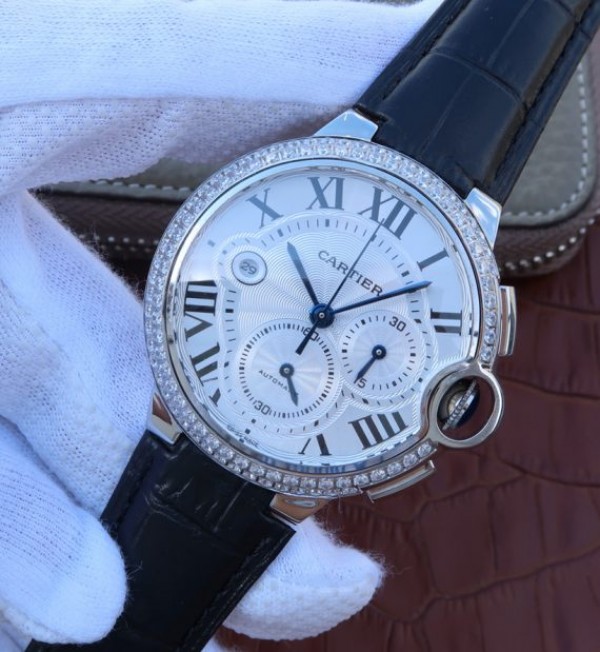 Replica Cartier Ballon Bleu De Cartier Chrono SS White Dial Diamonds Bezel A8101