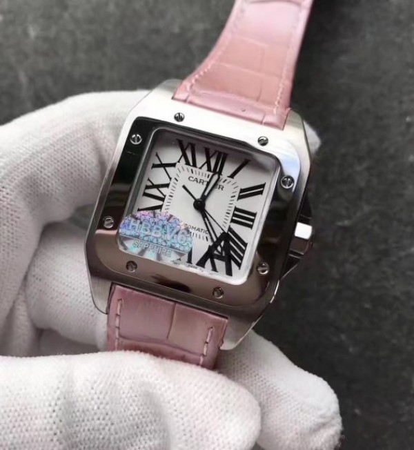 Replica Cartier Santos 100 33mm SS White Dial Pink Leather Strap SEIKO NH05A