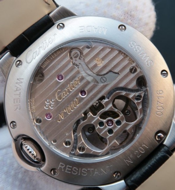 Replica Cartier Ballon Bleu de Cartier Tourbillon SS Paved Diamonds Black Leather Strap