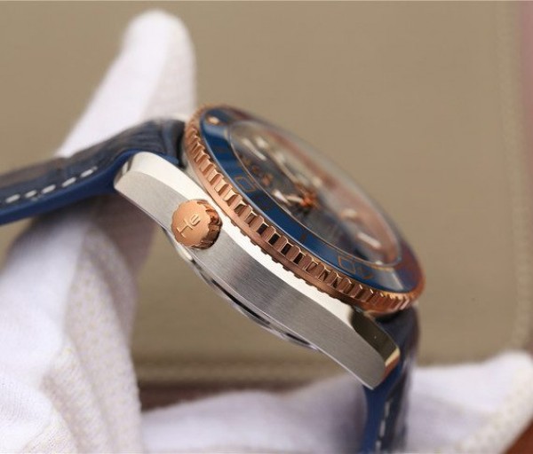 Replica Omega OMF Planet Ocean Master Chronometer SS/RG Blue Bezel Blue Dial Leather Strap A9901