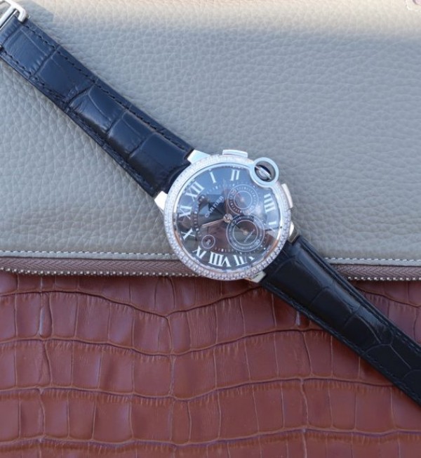 Replica Cartier Ballon Bleu De Cartier Chrono SS Black Dial Diamonds Bezel A8101