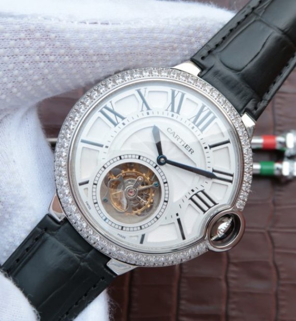 Replica Cartier Ballon Bleu Tourbillon SS Diamond Bezel Black Leather Strap