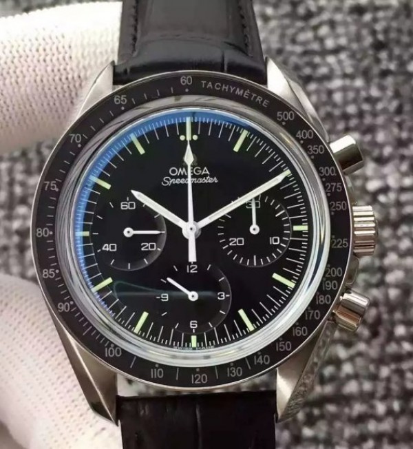 Replica Omega Speedmaster MoonWatch NASA SS Black Dial Leather Strap Manual Winding