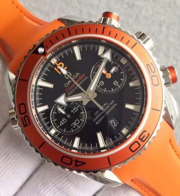 Replica Omega Planet Ocean 45mm Chrono Orange Bezel Black Dial Rubber Strap A9300