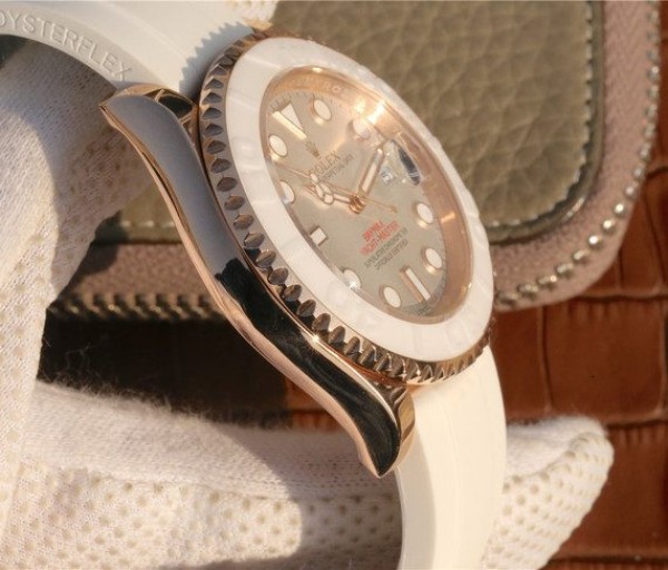Replica Rolex Yacht-Master 116655 RG White Dial White Ceramic Rubber Strap A2824