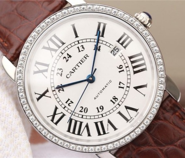 Replica Cartier Ronde De Cartier SS White Dial Diamonds Bezel Croco Strap A2892