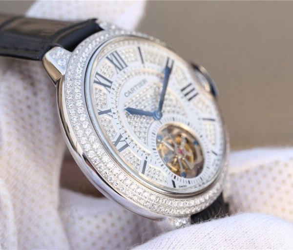 Replica Cartier Ballon Bleu de Cartier Tourbillon SS Full paved Diamonds Leather Strap