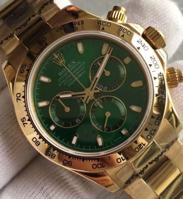 Replica Rolex Daytona 116518 YG Green Dial on YG Bracelet A4130