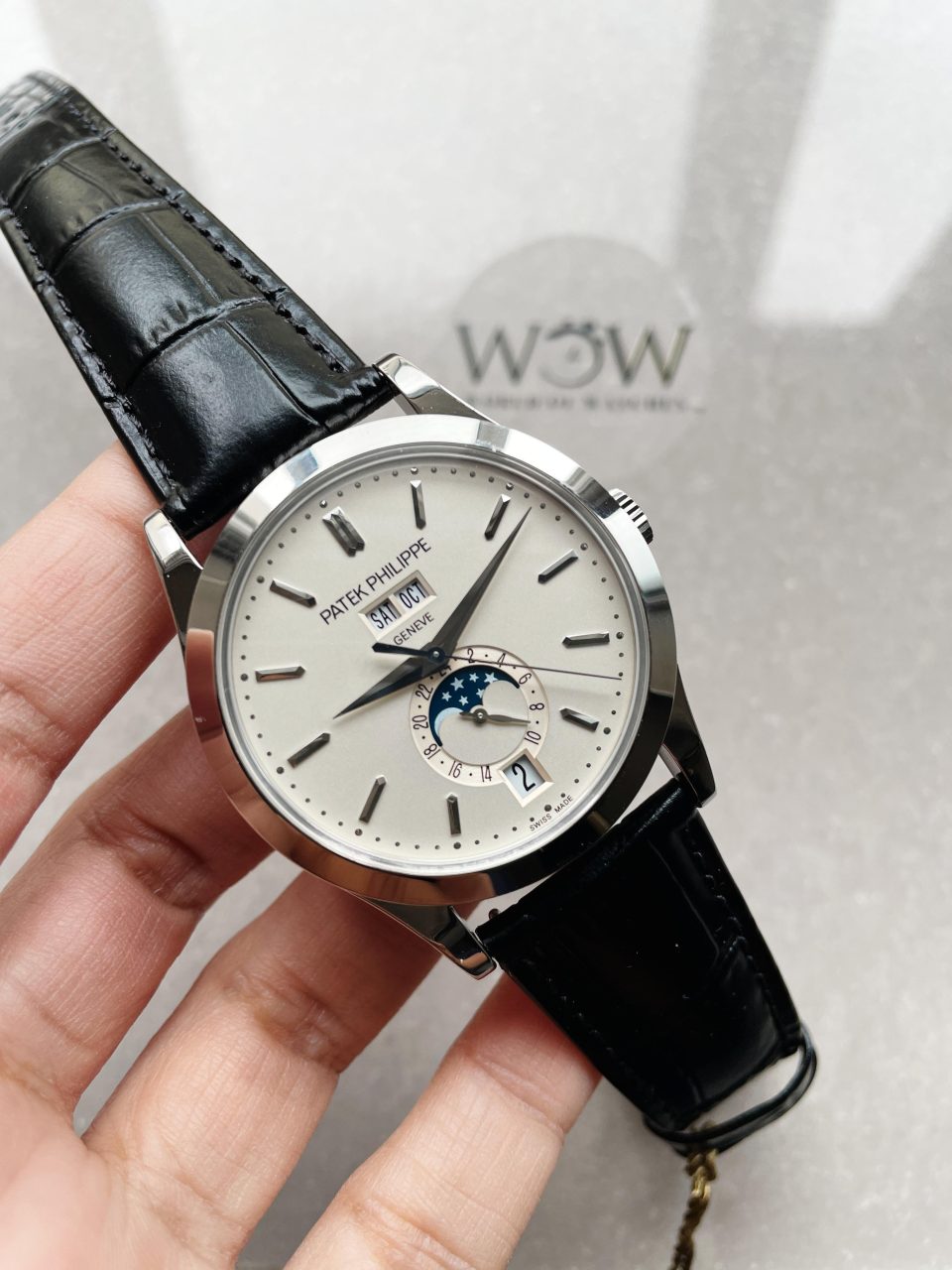 Replica PATEK PHILIPPE Annual Calendar Moonphase 5396 SS ZF 1:1 Best Edition White/Blue Dial on Black Leather Strap A324