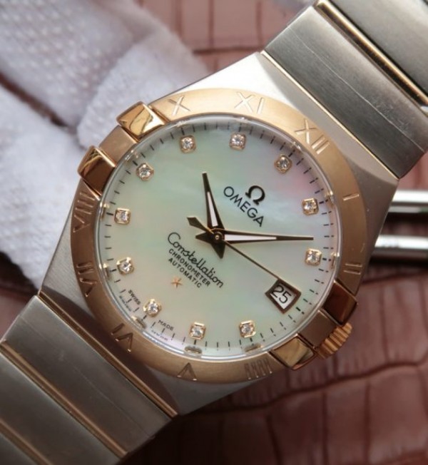 Replica Omega V6 Constellation 35mm White MOP Dial YG Bezel Diamonds Markers SS Bracelet A2500
