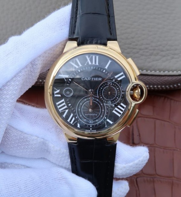 Replica Cartier Ballon Bleu De Cartier Chrono 44mm YG Black Dial Leather Strap A8101