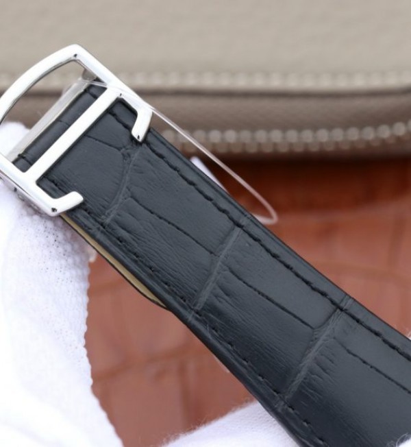 Replica Cartier Tank MC SS Black Textured Dial Black Leather Strap