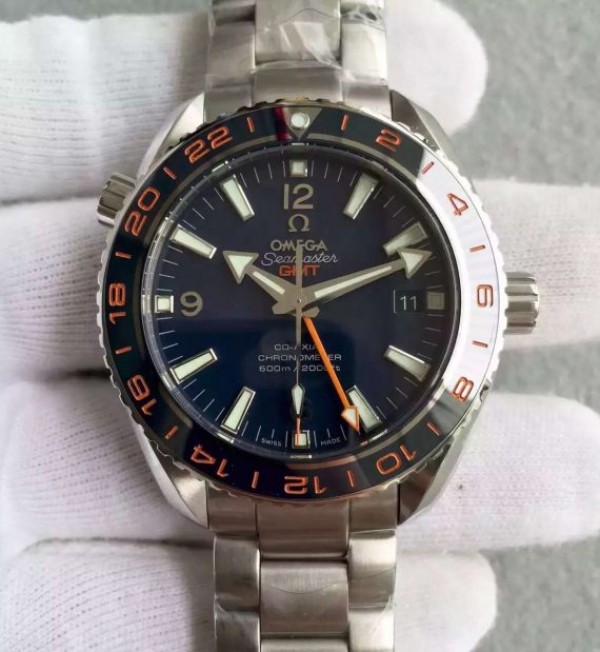 Replica Omega Planet Ocean GMT Goodplanet Blue Bezel Orange Marker Blue Dial SS Bracelet A8605