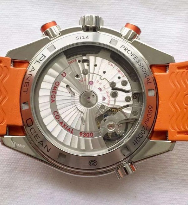 Replica Omega Planet Ocean 45mm Chrono Orange Bezel Black Dial Rubber Strap A9300