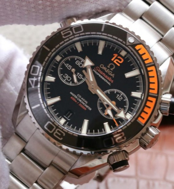 Replica Omega OMF Planet Ocean Master Chronometer Black/Orange Bezel Black Dial SS Bracelet A9900