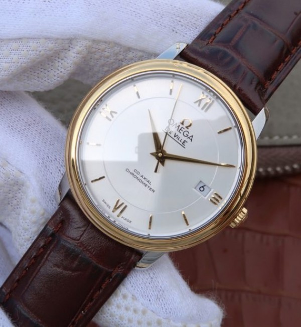 Replica Omega V6 De Ville 37mm YG Bezel White Dial YG Markers Leather Strap A2892