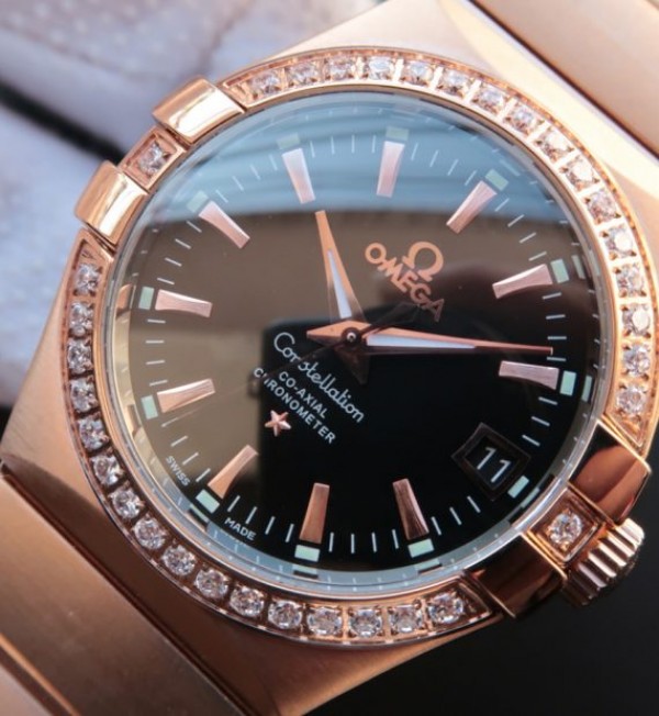 Replica Omega V6 Constellation RG Black Dial Diamonds Bezel RG Bracelet A2500