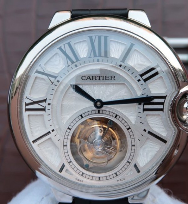 Replica Cartier Ballon Bleu Tourbillon 44mm SS Black Leather Strap