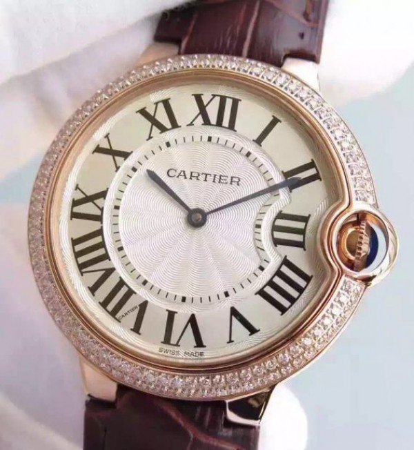 Replica Cartier Ballon Bleu 40mm RG Diamonds Bezel Whit Dial Leather Strap MIYOTA9015