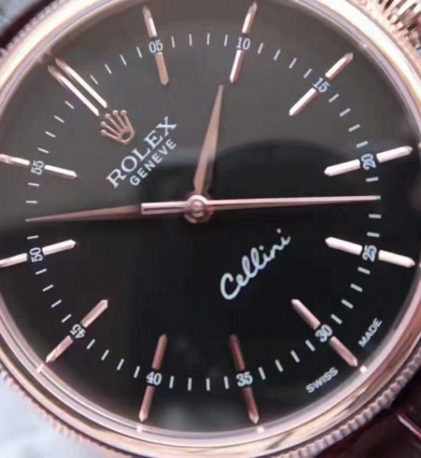 Replica Rolex MK Cellini Time 50505 Black Dial RG Leather Strap A3165